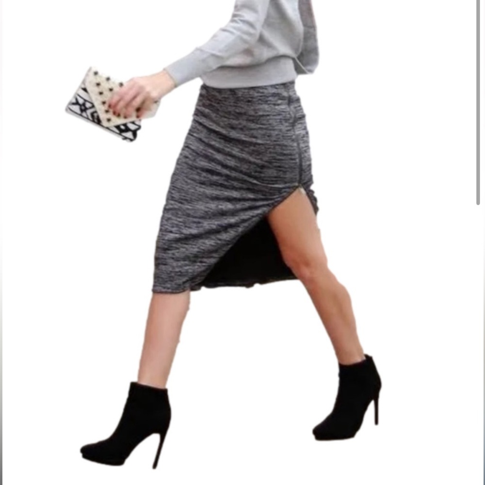 Express Knit Stretchy Midi/Long Fitted Skirt, Side Zippers, Gray + Black, Medium